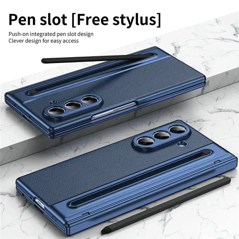 Samsung Galaxy Z Fold7 Leather Case, Electroplating S Pen Case with Kickstand & Hinge Protection - Blue