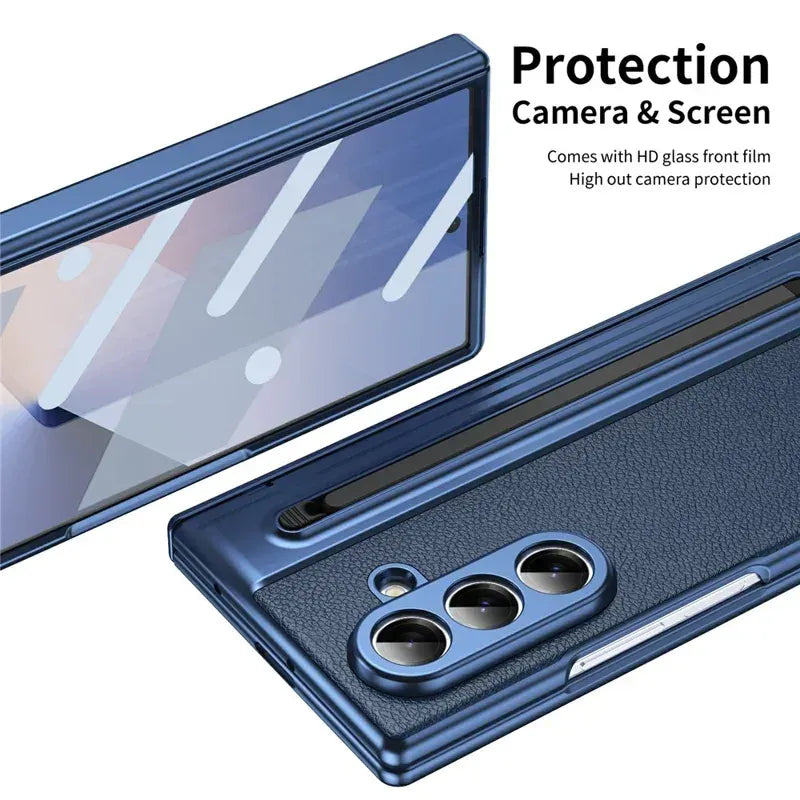 Samsung Galaxy Z Fold7 Leather Case, Electroplating S Pen Case with Kickstand & Hinge Protection - Blue