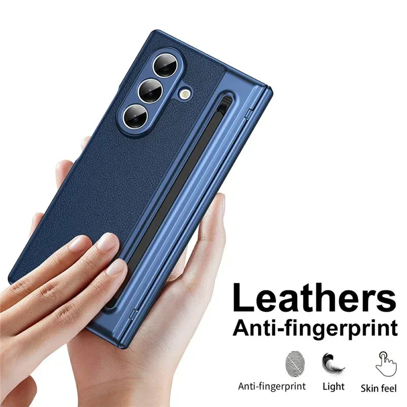 Samsung Galaxy Z Fold7 Leather Case, Electroplating S Pen Case with Kickstand & Hinge Protection - Blue