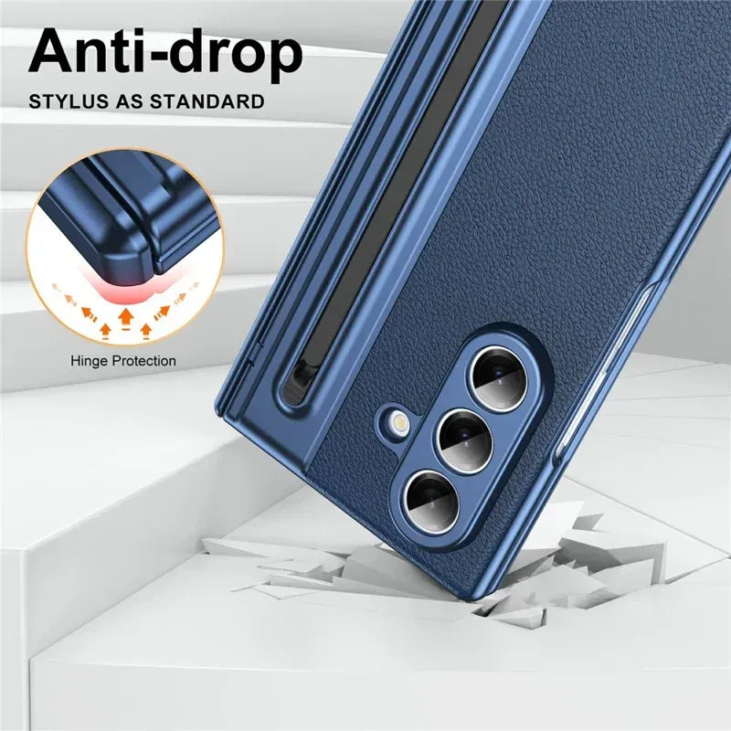 Samsung Galaxy Z Fold7 Leather Case, Electroplating S Pen Case with Kickstand & Hinge Protection - Blue