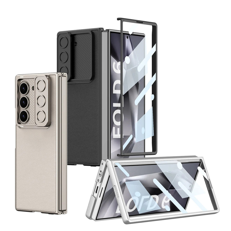 Samsung Galaxy Z Fold 6 Leather Case with Slide Camera Cover Front In-Built Glass - Black