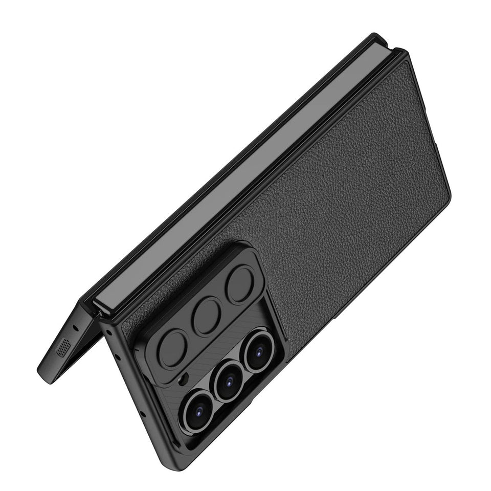 Samsung Galaxy Z Fold 6 Leather Case with Slide Camera Cover Front In-Built Glass - Black