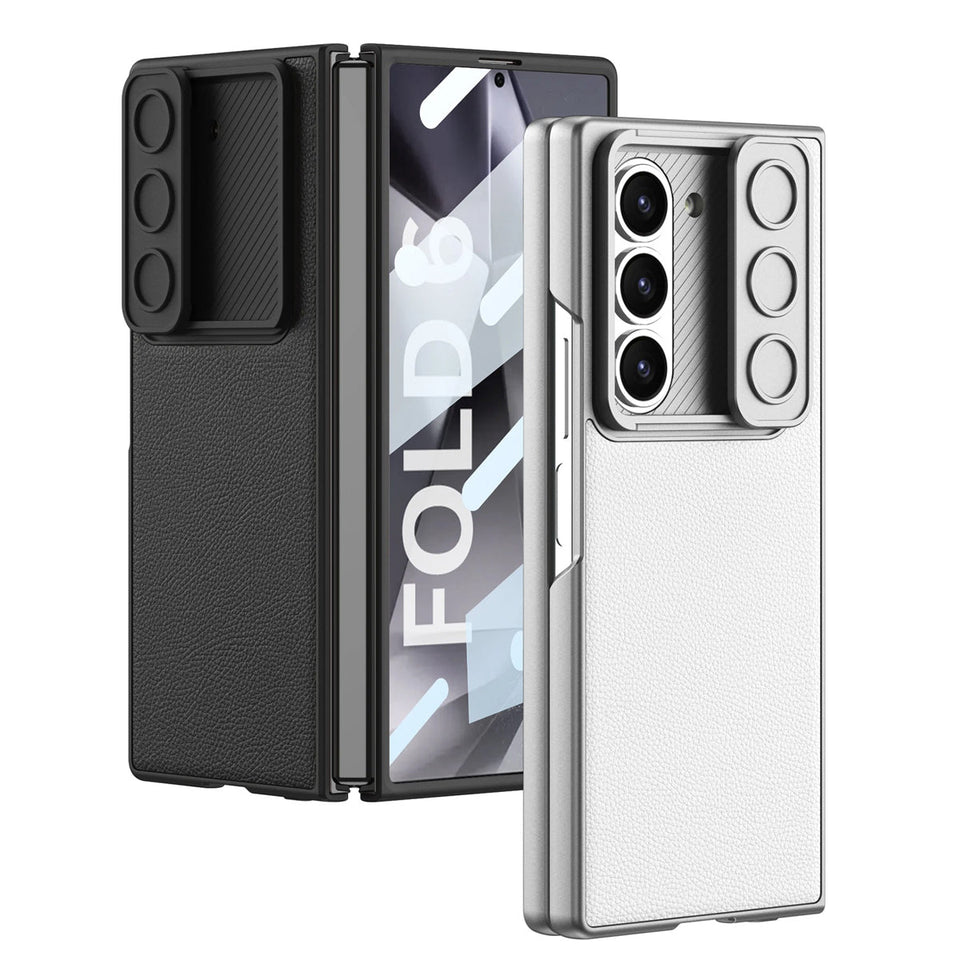 Samsung Galaxy Z Fold 6 Leather Case with Slide Camera Cover Front In-Built Glass - Black