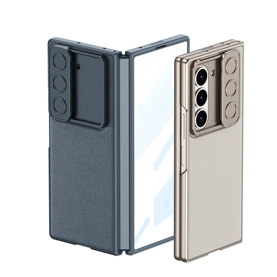 Samsung Galaxy Z Fold 6 Leather Case with Slide Camera Cover Front In-Built Glass - Blue