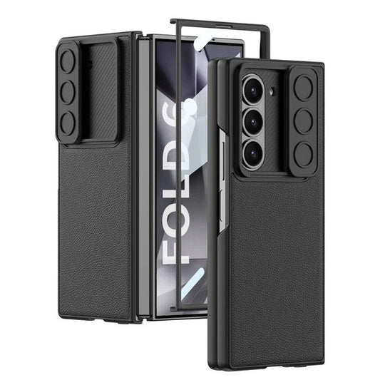 Samsung Galaxy Z Fold 6 Leather Case with Slide Camera Cover Front In-Built Glass - Black