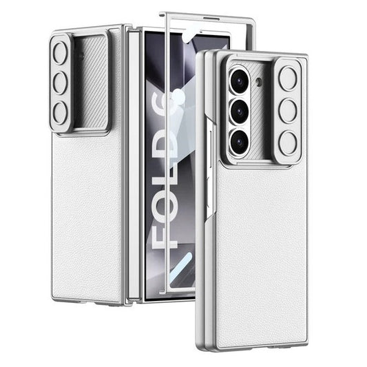 Samsung Galaxy Z Fold 6 Leather Case with Slide Camera Cover Front In-Built Glass - Silver