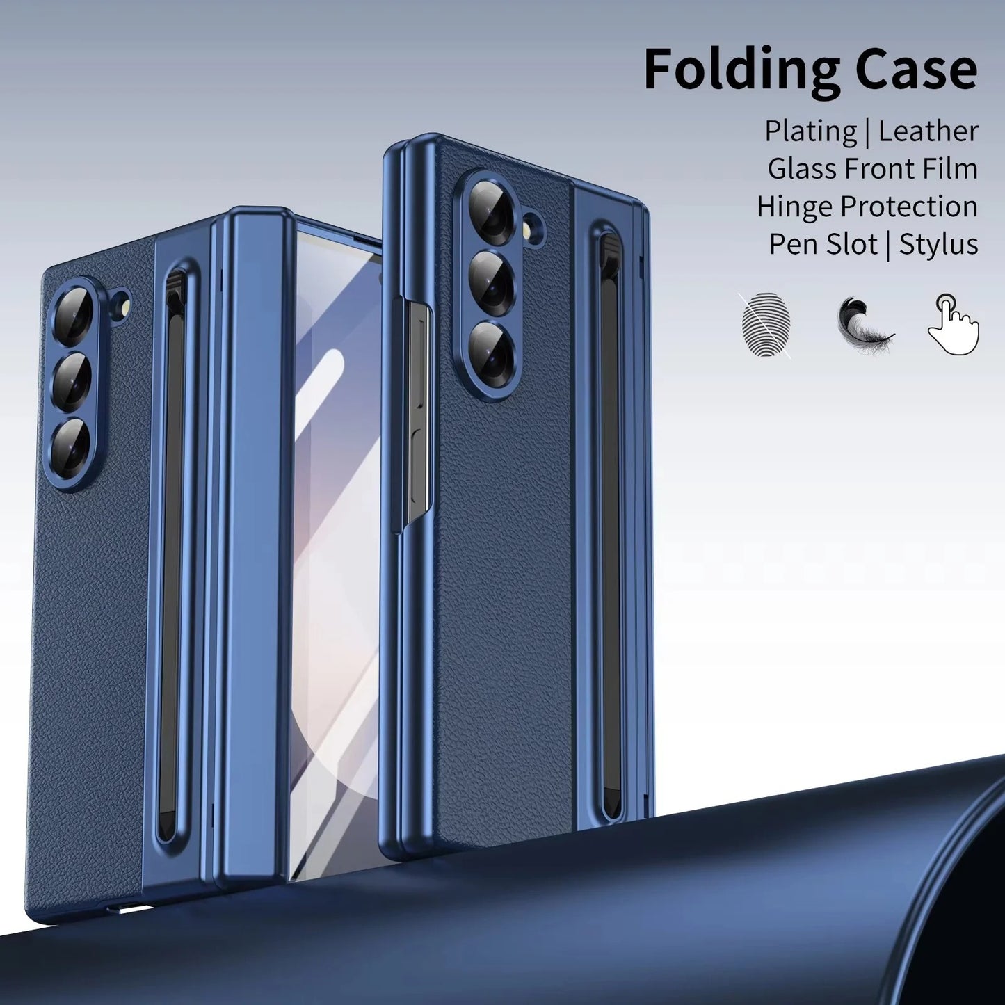 Samsung Galaxy Z Fold6 Leather Case, Electroplating S Pen Case with Kickstand & Hinge Protection - Blue