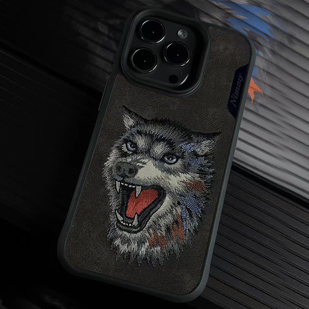 iPhone 14 Pro Max Nimmy 3D Embroided Wolf Face Leather Case - Black