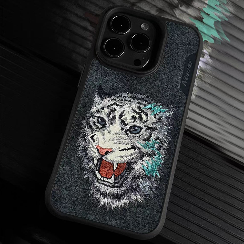 iPhone 14 Pro Max Nimmy 3D Embroided Colourful Tiger Face Leather Case - Black