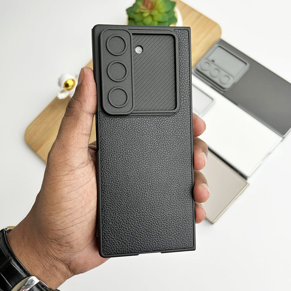 Samsung Galaxy Z Fold 6 Leather Case with Slide Camera Cover Front In-Built Glass - Black