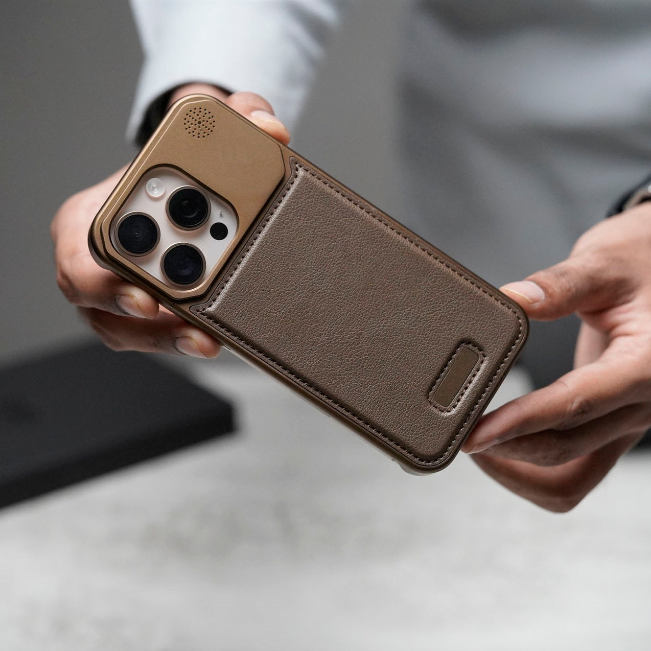 iPhone 15 Pro Max Super Slim AeroFLex Metal Frame Less Leather Case with Magsafe - Titanium Brown