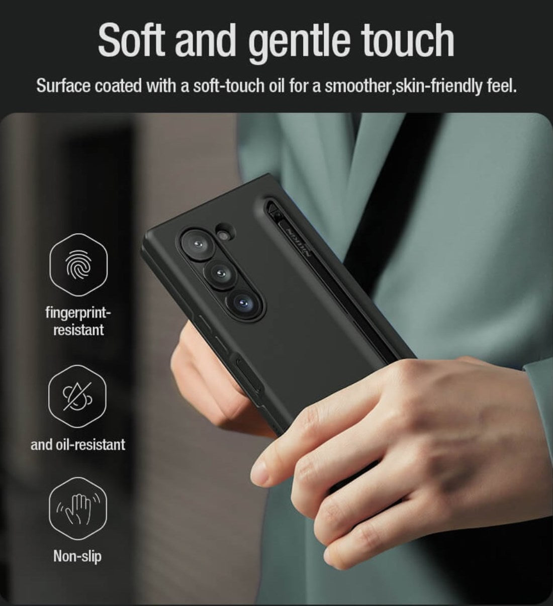 Samsung Galaxy Z Fold6 Nillkin S-Pen Case, Liquid Silicon Skin Feel Flex Pure With S-Pen Case - Black