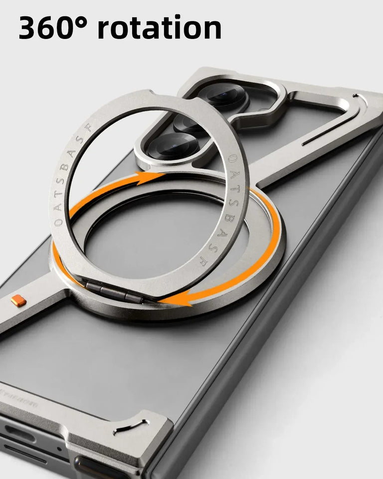 Samsung Galaxy Z Fold 6 Frameless Z Shape Metal Bumper Magsafe Case with Magnetic Kickstand 360° Rotation Ring - Black