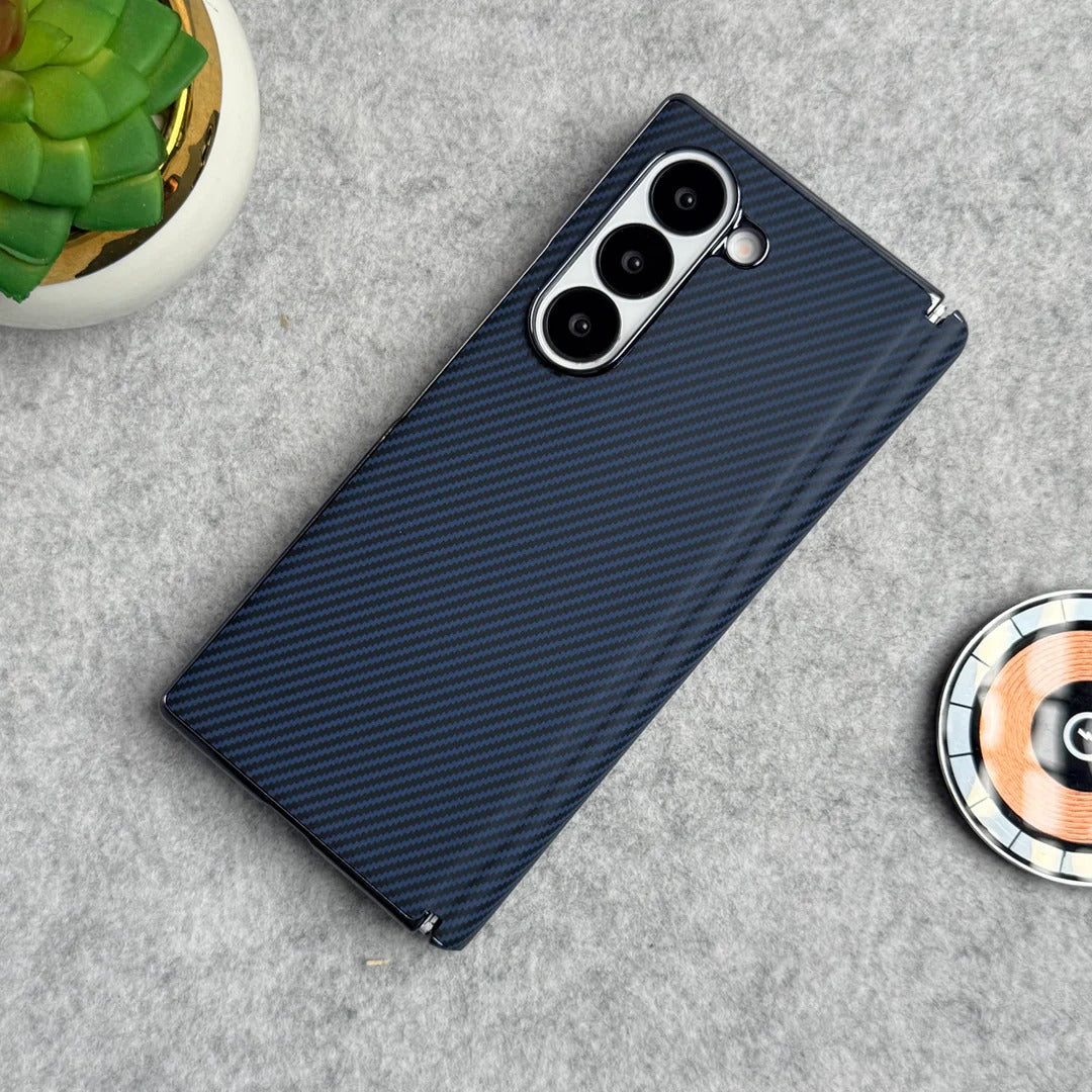 Samsung Galaxy Z Fold6 Leather Carbon Textured Electroplated Case with Hinge Protection & Front Glass - Blue