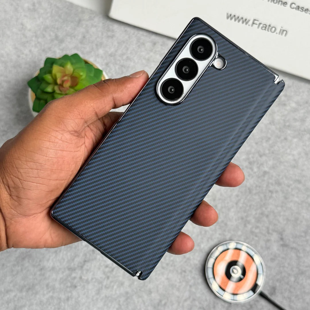 Samsung Galaxy Z Fold6 Leather Carbon Textured Electroplated Case with Hinge Protection & Front Glass - Blue