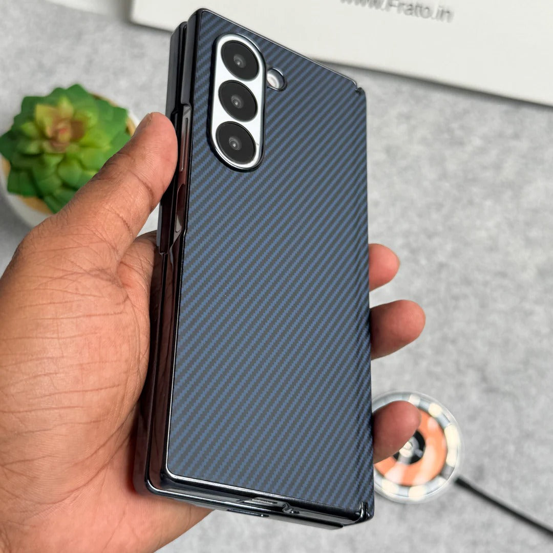 Samsung Galaxy Z Fold6 Leather Carbon Textured Electroplated Case with Hinge Protection & Front Glass - Blue