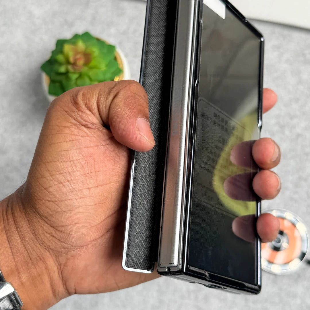 Samsung Galaxy Z Fold6 Leather Carbon Textured Electroplated Case with Hinge Protection & Front Glass - Black