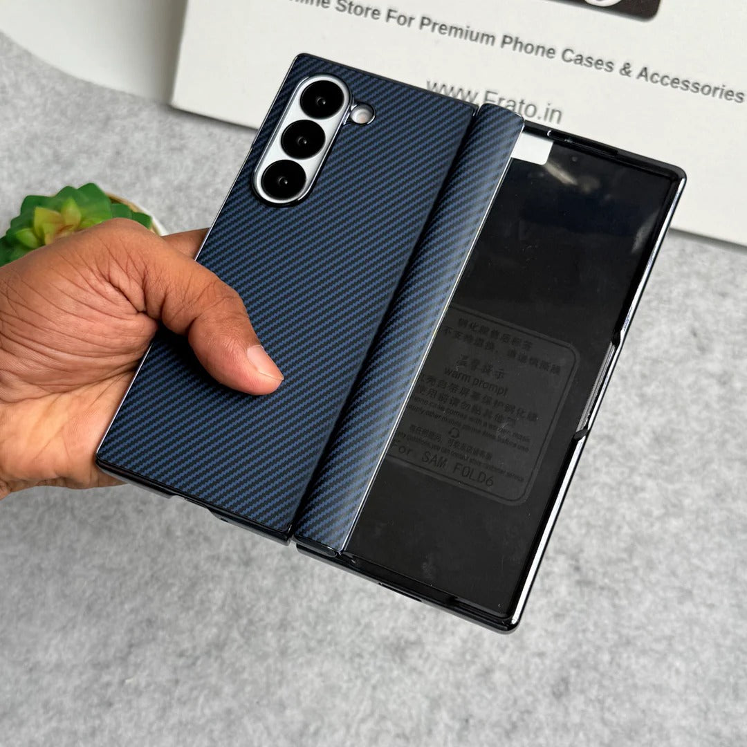Samsung Galaxy Z Fold6 Leather Carbon Textured Electroplated Case with Hinge Protection & Front Glass - Blue