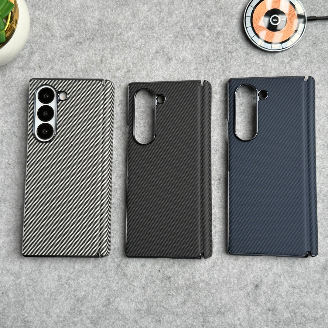Samsung Galaxy Z Fold6 Leather Carbon Textured Electroplated Case with Hinge Protection & Front Glass - Blue