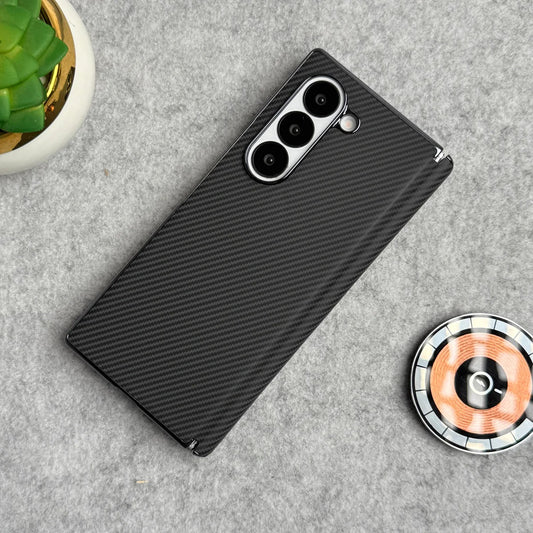 Samsung Galaxy Z Fold6 Leather Carbon Textured Electroplated Case with Hinge Protection & Front Glass - Black