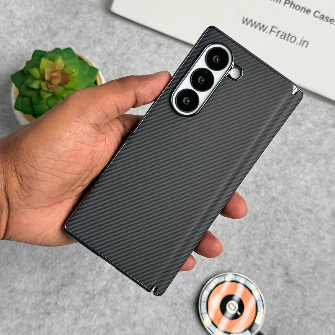 Samsung Galaxy Z Fold6 Leather Carbon Textured Electroplated Case with Hinge Protection & Front Glass - Black