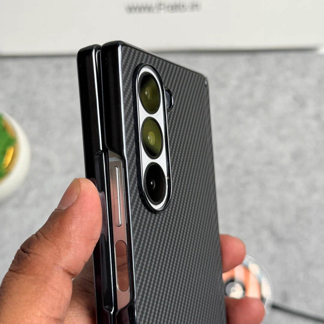 Samsung Galaxy Z Fold6 Leather Carbon Textured Electroplated Case with Hinge Protection & Front Glass - Black