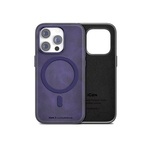 iPhone 15 Pro Premium Luxurious Leather with Metal Magnetic Magsafe Ring - Purple