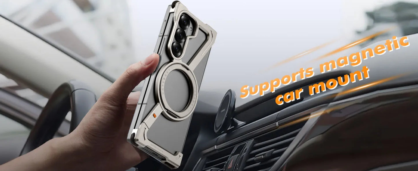 Samsung Galaxy Z Fold 6 Frameless Z Shape Metal Bumper Magsafe Case with Magnetic Kickstand 360° Rotation Ring - Titanium