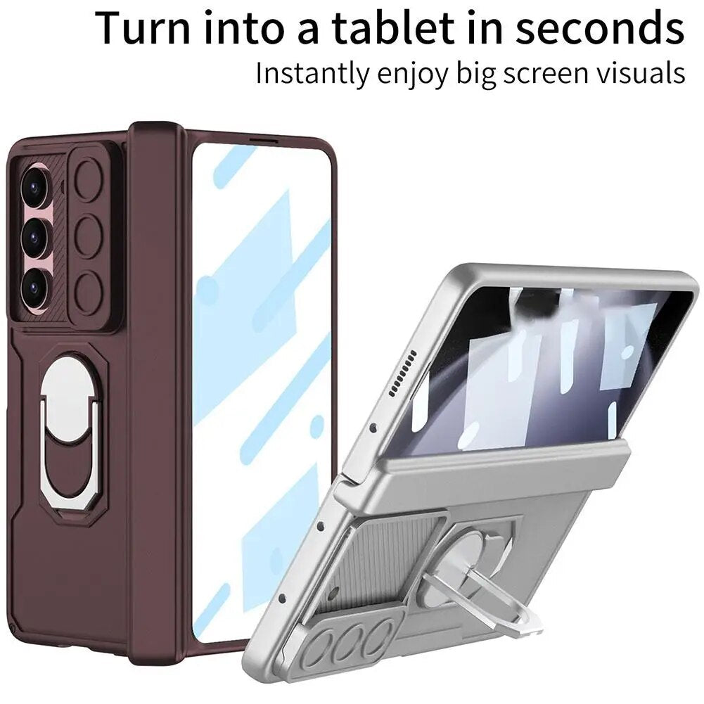 Samsung Galaxy Z Fold 5 Ring Holder Magnetic Hinge Screen Protector Rugged Protective Case-Blue