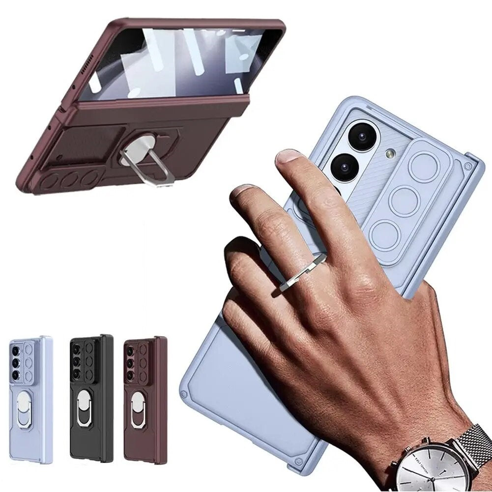 Samsung Galaxy Z Fold 5 Ring Holder Magnetic Hinge Screen Protector Rugged Protective Case-Blue