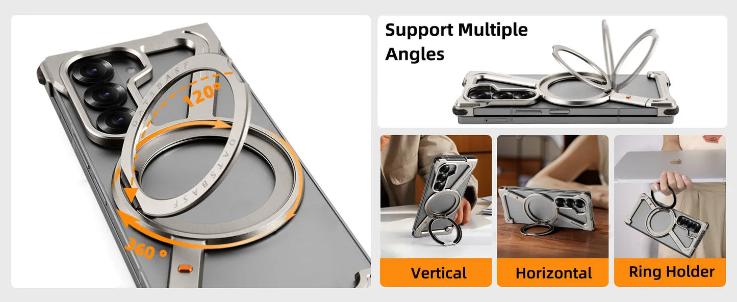 Samsung Galaxy Z Fold 6 Frameless Z Shape Metal Bumper Magsafe Case with Magnetic Kickstand 360° Rotation Ring - Titanium