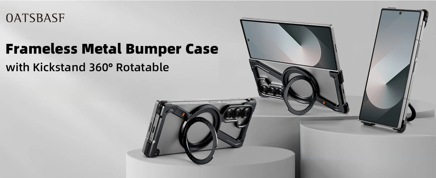 Samsung Galaxy Z Fold 6 Frameless Z Shape Metal Bumper Magsafe Case with Magnetic Kickstand 360° Rotation Ring - Black