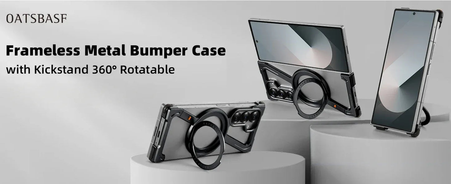 Samsung Galaxy Z Fold5 Metal Case, Frameless Z Shape Metal Bumper Magsafe Case 360° Rotation Ring - Black