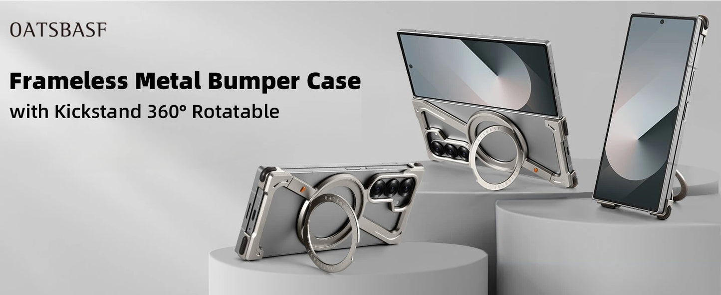Samsung Galaxy Z Fold 6 Frameless Z Shape Metal Bumper Magsafe Case with Magnetic Kickstand 360° Rotation Ring - Titanium