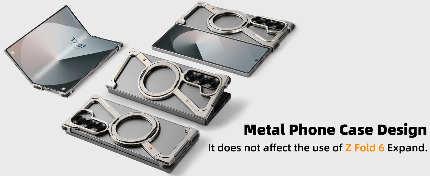 Samsung Galaxy Z Fold 6 Frameless Z Shape Metal Bumper Magsafe Case with Magnetic Kickstand 360° Rotation Ring - Titanium