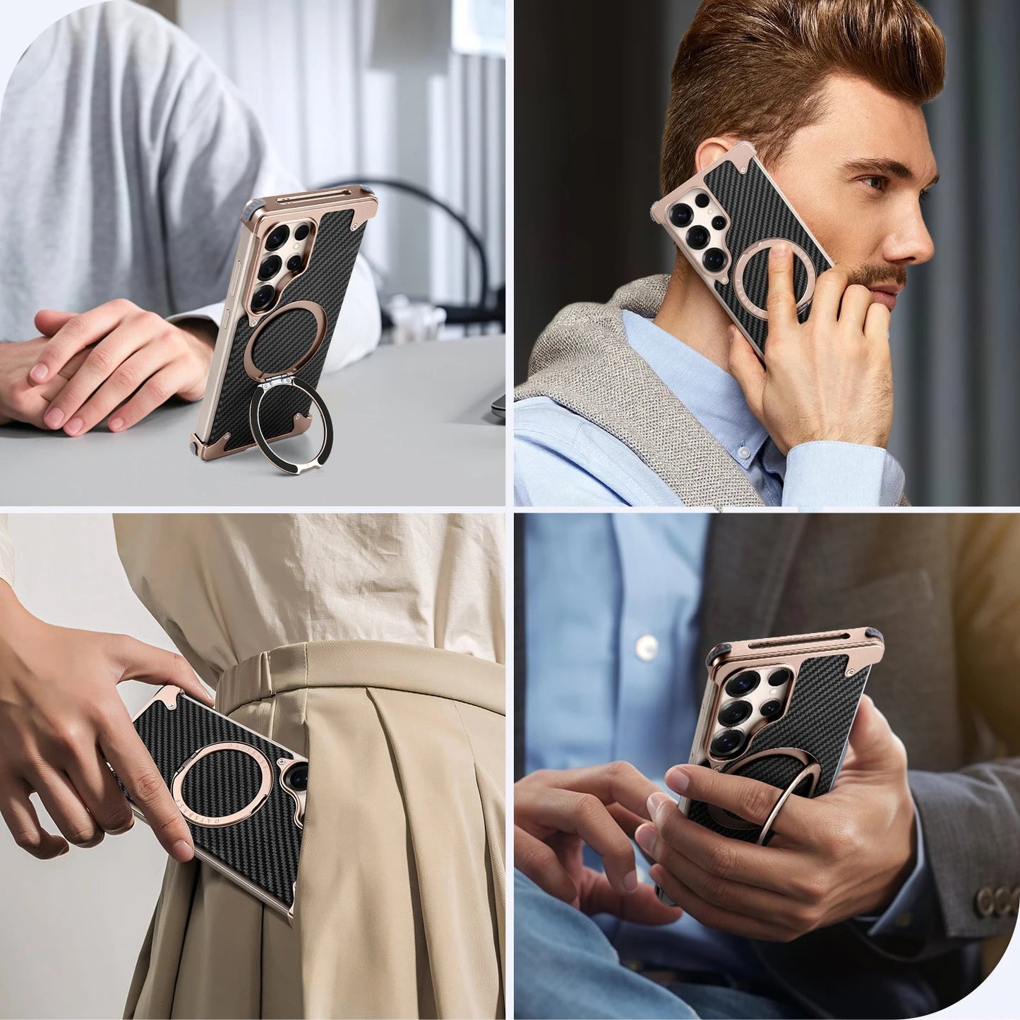 Samsung Galaxy S25 Ultra Metal Case, Frameless Carbon Leather Magnetic Invisible Stand Cover