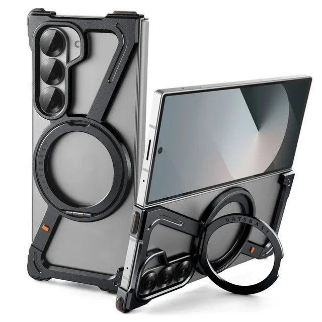 Samsung Galaxy Z Fold 6 Frameless Z Shape Metal Bumper Magsafe Case with Magnetic Kickstand 360° Rotation Ring - Black