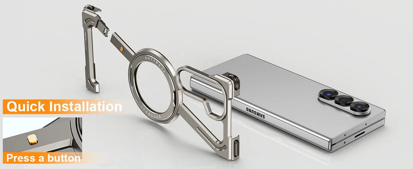 Samsung Galaxy Z Fold 6 Frameless Z Shape Metal Bumper Magsafe Case with Magnetic Kickstand 360° Rotation Ring - Titanium