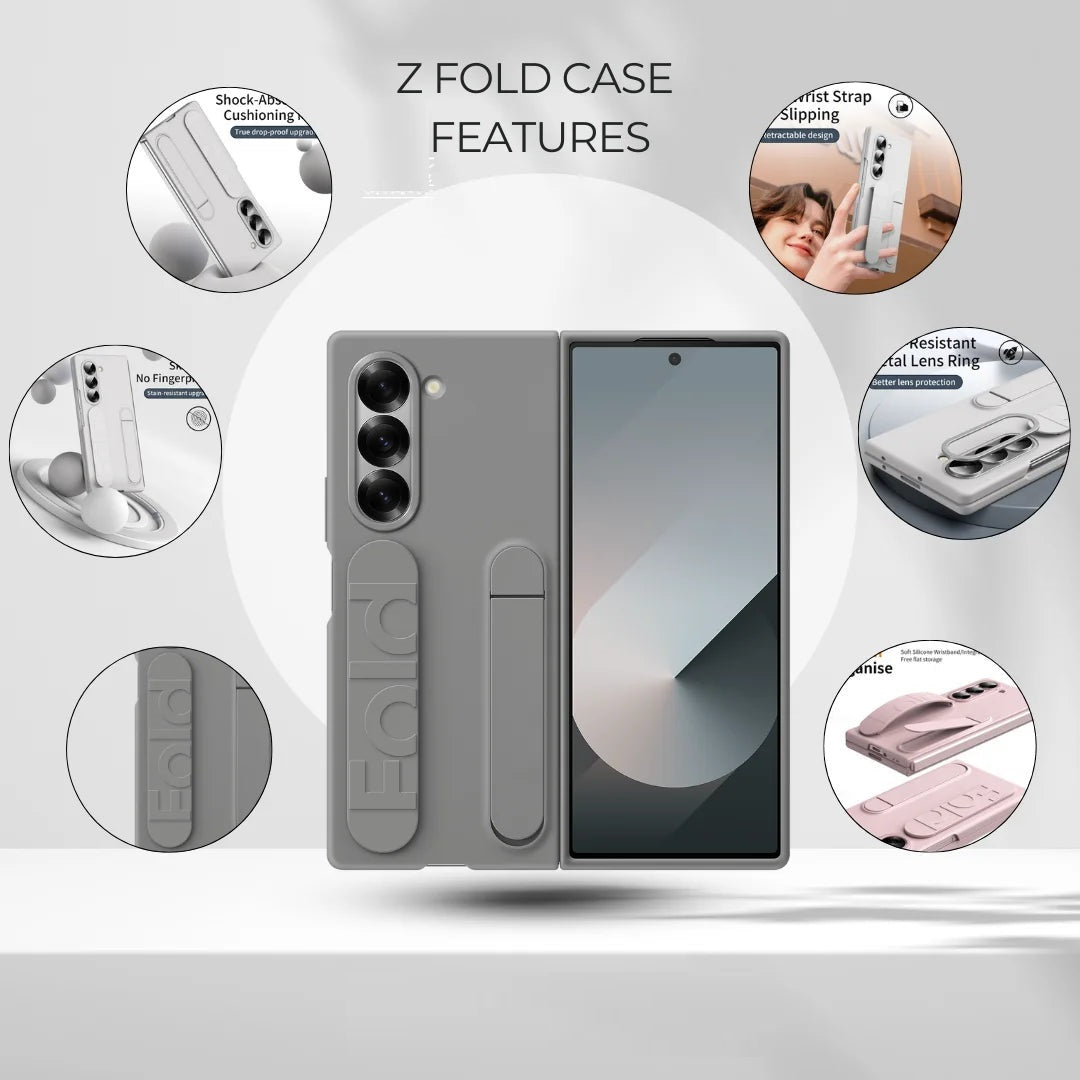 Samsung Galaxy Z Fold5 Silicon Case, Matte Finish Skin Feel Back Cover with Band & Kickstand - Sand