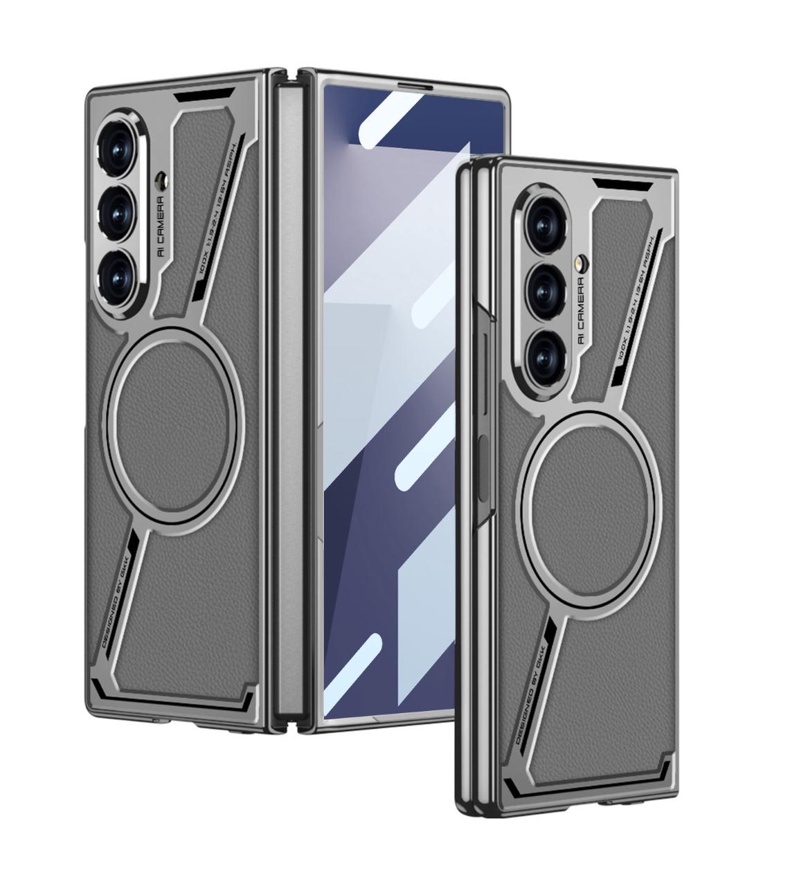 Samsung Galaxy Z Fold7 Gkk Leather Magnetic Case with Magsafe with Front Glass - Grey