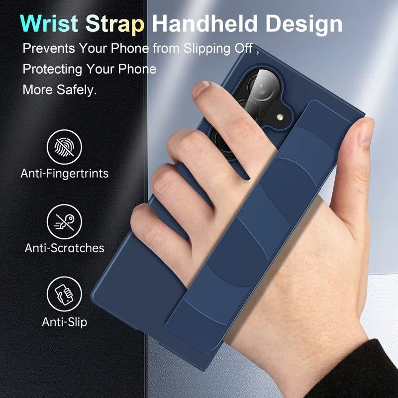 Samsung Galaxy Z Fold7 Band Case, Hard PC Matte Texture With Silicon Strap Back Cover - Black