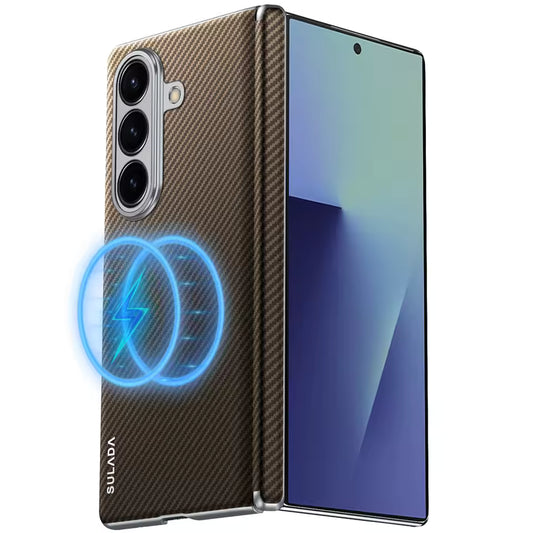 Samsung Galaxy Fold7 SULADA Magnetic Leather Case Carbon Fiber Texture Hinge Cover with Magsafe - Brown (Only Back)