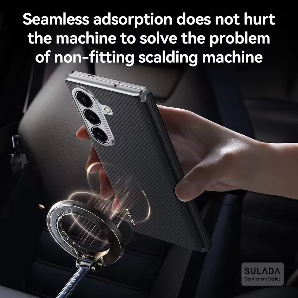 Samsung Galaxy Fold7 SULADA Magnetic Leather Case Carbon Fiber Texture Hinge Cover Camera Protection with Magsafe - Black (Only Back)