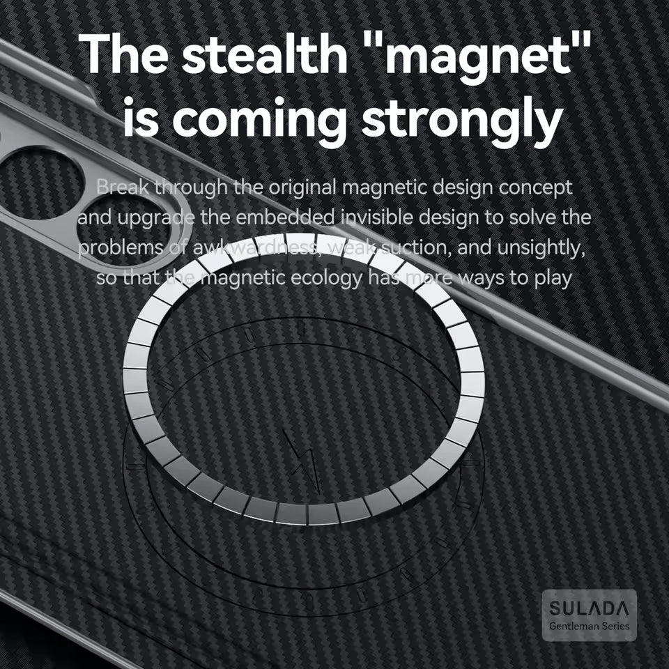 Samsung Galaxy Fold7 SULADA Magnetic Leather Case Carbon Fiber Texture Hinge Cover Camera Protection with Magsafe - Black (Only Back)