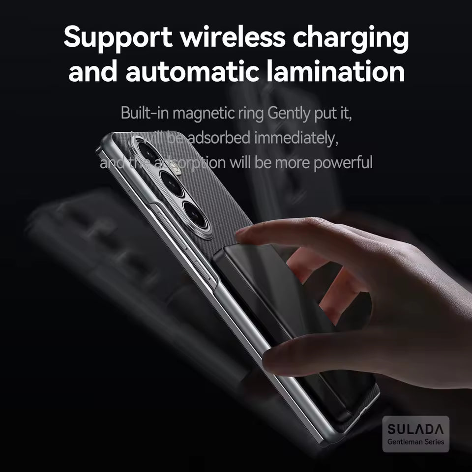 Samsung Galaxy Fold7 SULADA Magnetic Leather Case Carbon Fiber Texture Hinge Cover Camera Protection with Magsafe - Black (Only Back)