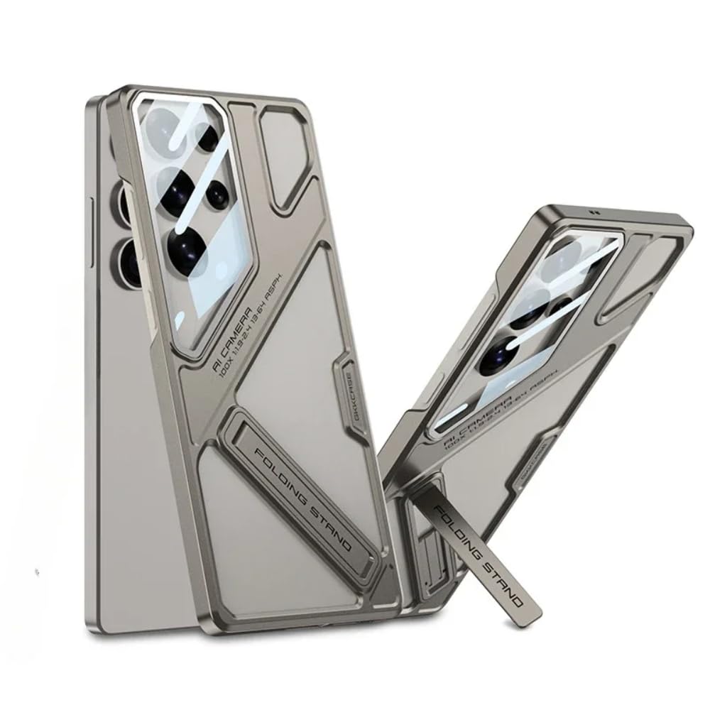 Samsung Galaxy S24 Ultra Stand Case, Hard PC Ultra Slim Built-in Camera Glass Protector Kickstand Case - Titanium