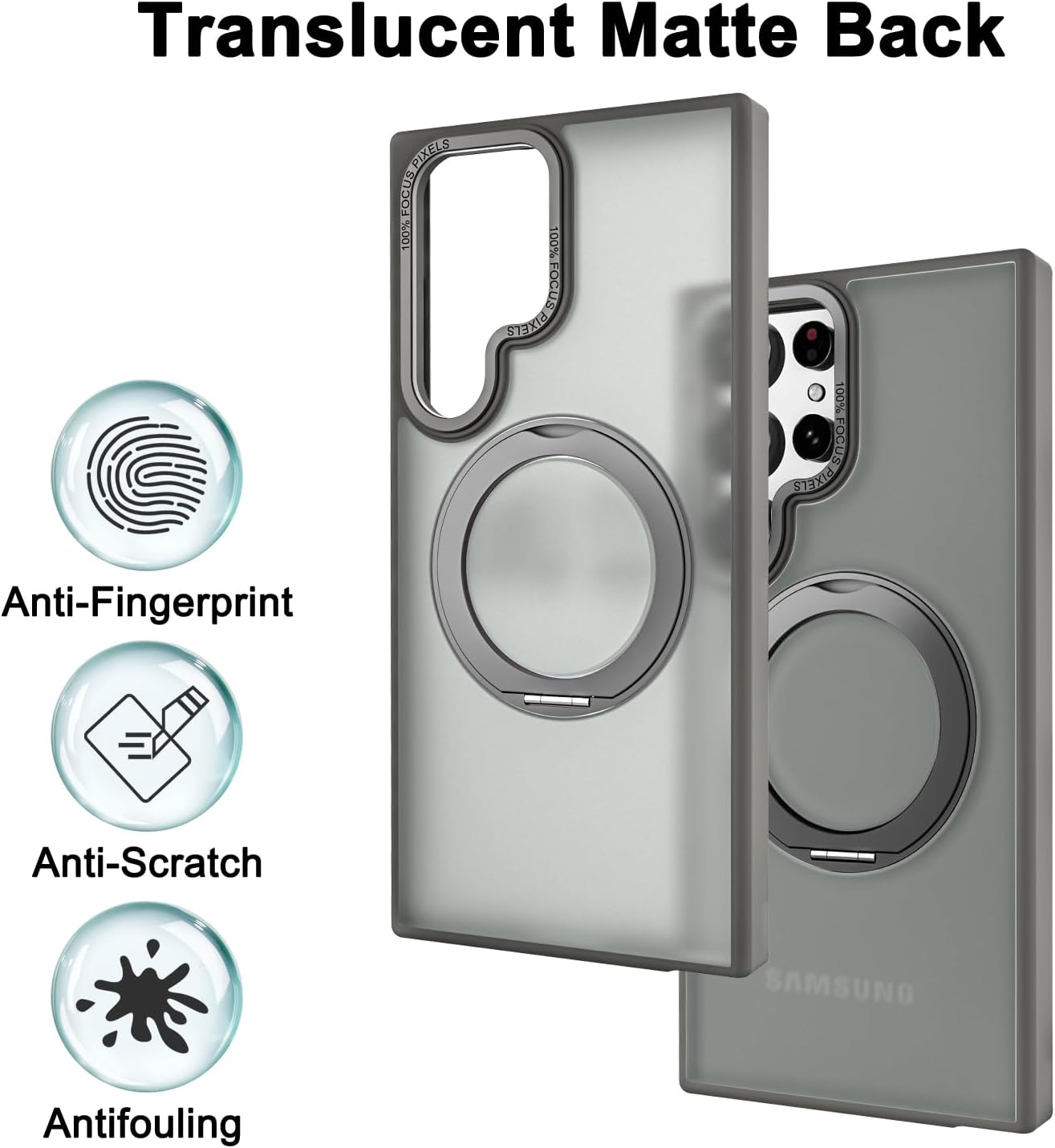 Samsung Galaxy S23 Ultra 360° Rotatable Magnetic Ring with Magsafe Scratchproof Translucent Matte Kickstand Case - Titanium Grey