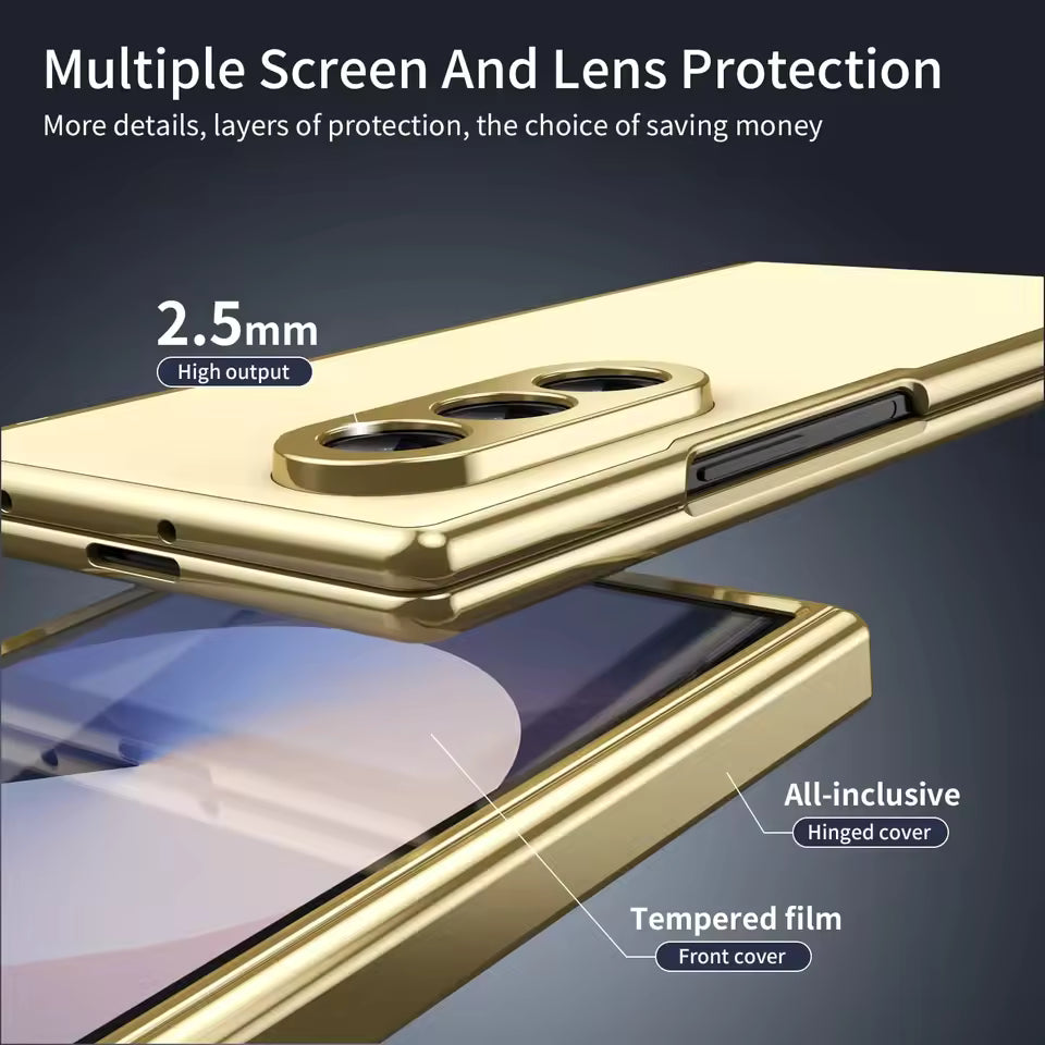 Samsung Galaxy Z Fold7 AG Matte Leather Golden Border with Steel Film, Hinge Protection & Front Glass - Golden