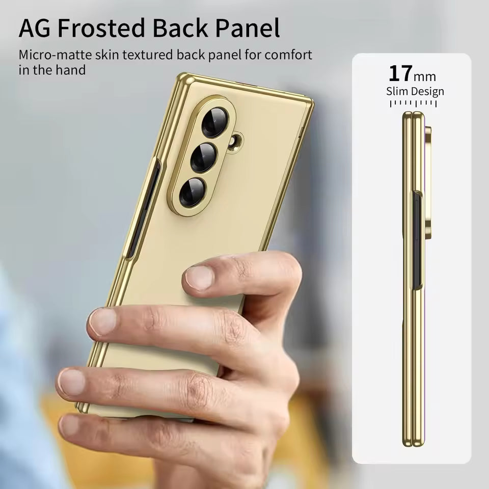 Samsung Galaxy Z Fold7 AG Matte Leather Golden Border with Steel Film, Hinge Protection & Front Glass - Golden