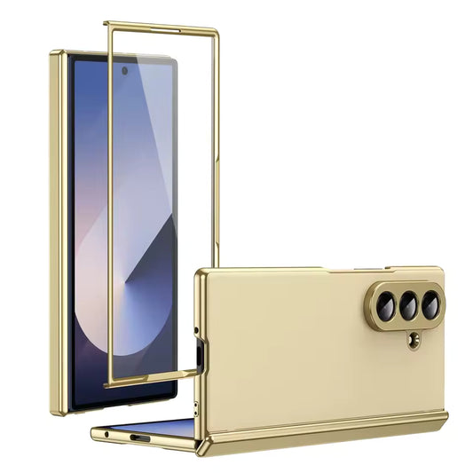 Samsung Galaxy Z Fold7 AG Matte Leather Golden Border with Steel Film, Hinge Protection & Front Glass - Golden